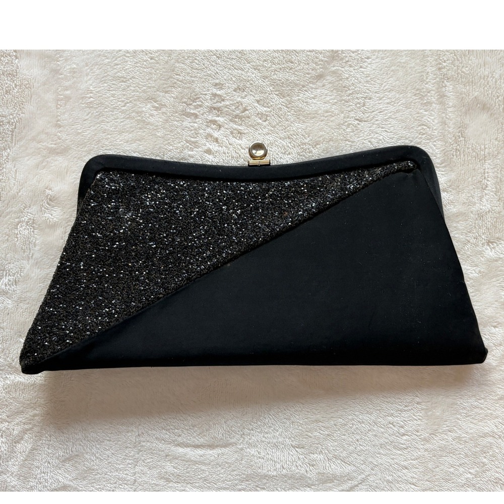 Black Glitter Satin Asymmetrical Clutch Bag Womens OS Excellent